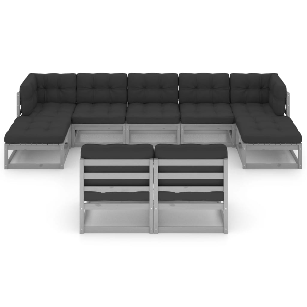 9-tlg. Garten-Lounge-Set mit Kissen Grau Kiefer Massivholz